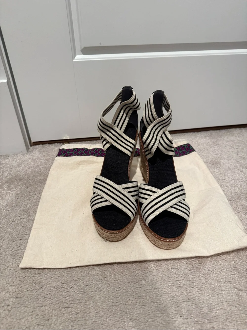 Tory Burch Black & White Striped Espadrille Wedge Sandals